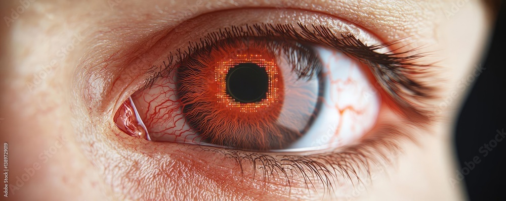 Poster close-up human eye linked to artificial biotechnology interface concept. a close-up view of an eye, 