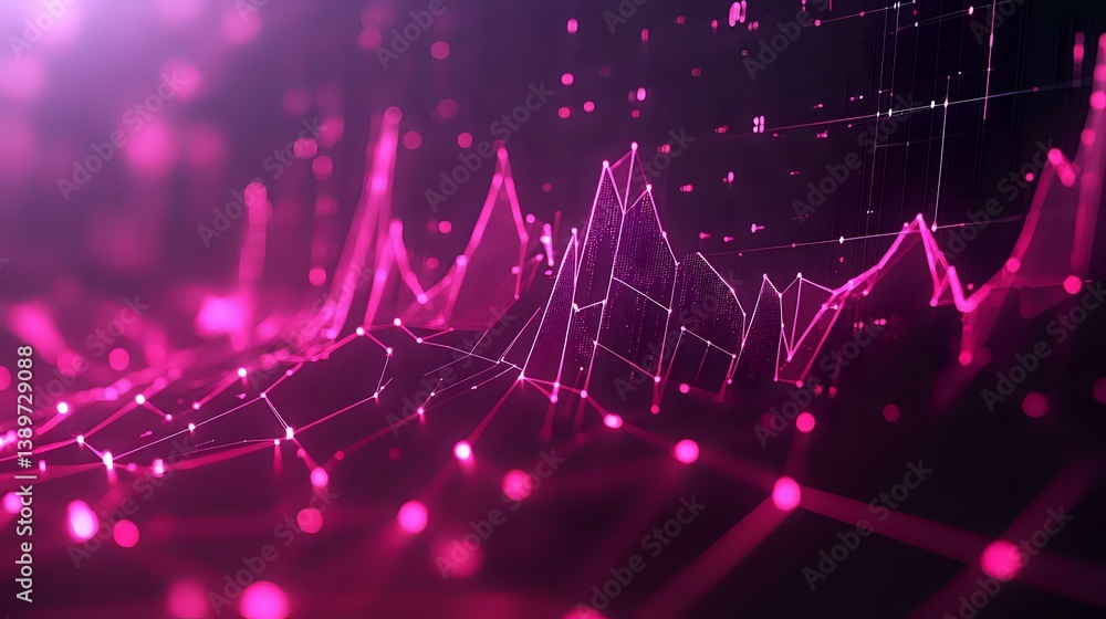 Aufkleber glowing pink financial graph with connected dots and lines showing market trends against dark backgr
