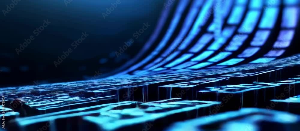 Poster futuristic digital wave of blue and purple binary code curves in motion