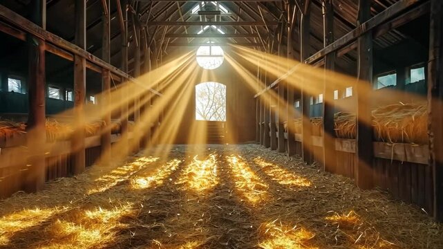 Sunlight streams through barn windows illuminating a rustic interior with straw on the floor