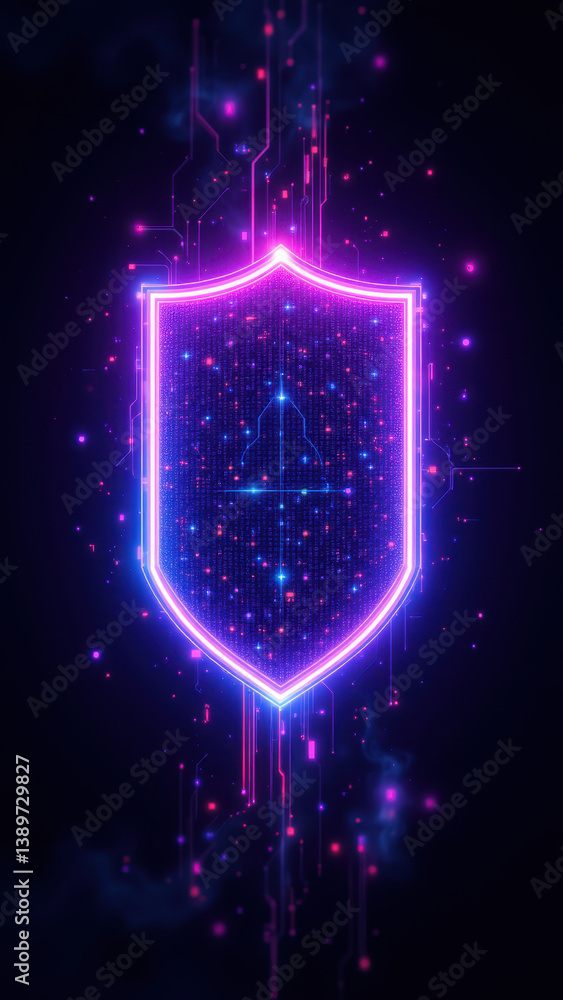 Poster cybersecurity shield with neon and digital elements on a dark background.
