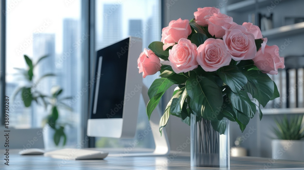 Poster blank desktop computer display mockup in modern office environment. 3d rendering