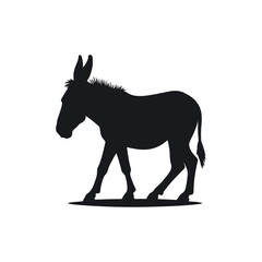 A black and white vector silhouette of a donkey standing calmly with long ears and a sturdy frame on a white background