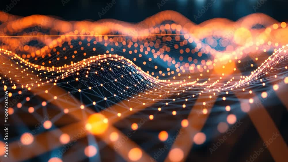 Poster abstract wave structure with orange lights on a dark background.