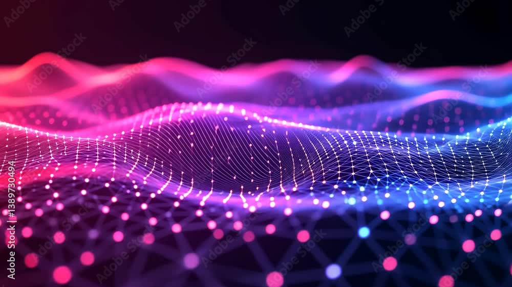 Poster colorful abstract wave patterns with glowing dots on a dark background.