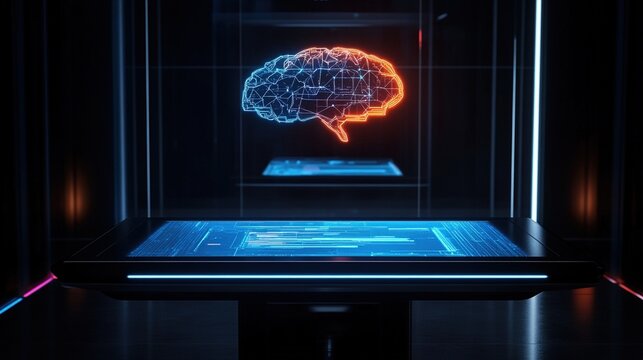 Futuristic digital brain interface on screen.