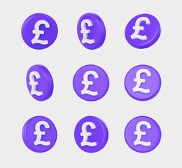 3D Purple coins with white Pound symbol, representing British currency and finance. 3d illustration