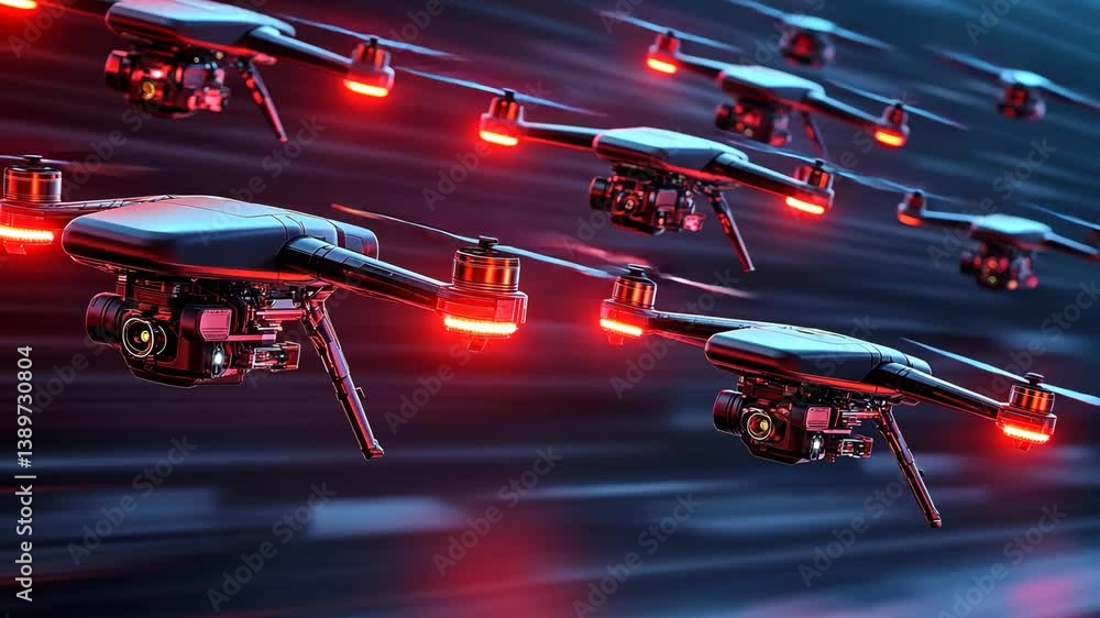 Aufkleber drones flying with dynamic motion blur, isolated on background.