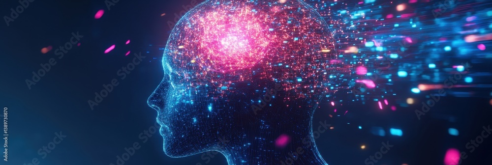 Poster digital brain glowing with pink and blue light futuristic head silhouette on dark background concept