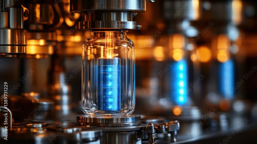 Poster automated bottling line with illuminated glass bottles. the machinery is modern, sleek, and efficien