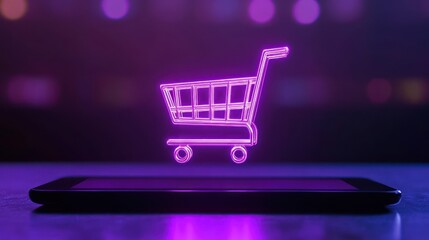 Neon shopping cart above mobile phone illuminated by vibrant purple light