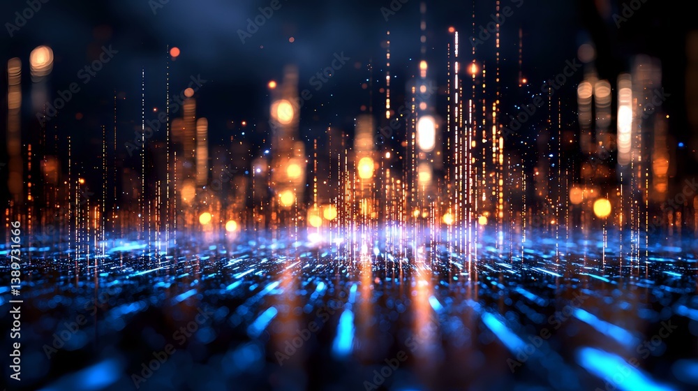 Poster futuristic digital landscape with glowing orange and blue light streams rising from reflective surfa