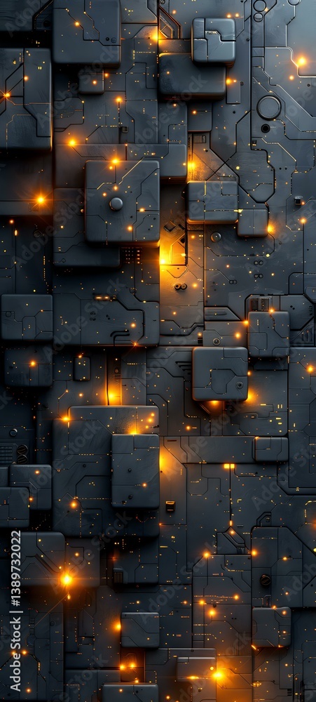 Poster abstract technological background with glowing orange lights illuminating dark geometric circuit pat