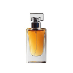 A sleek glass perfume bottle filled with amber liquid, showcasing elegant design and a modern cap.