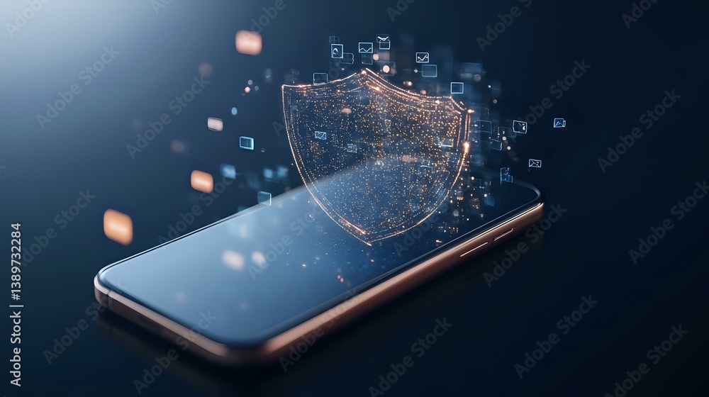 Poster Digital shield emerging from smartphone screen with glowing particles and network symbols, representing cybersecurity and mobile data protection on dark background.