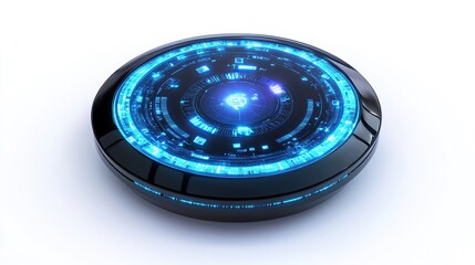 Futuristic disc with glowing blue interface.