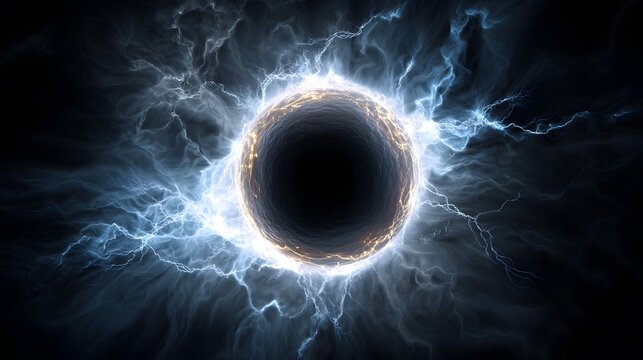 Abstract energy sphere with glowing halo and electric blue-yellow lightning tendrils radiating in black void, high contrast and dynamic.