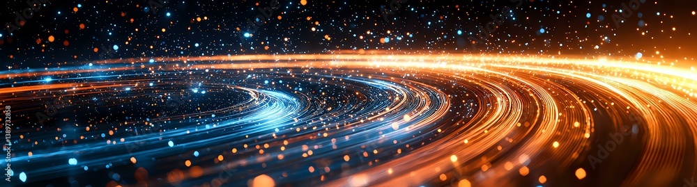 Poster glowing spiral streams of orange and blue light trails against starry space background create dynami