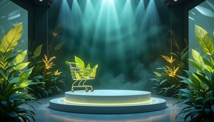 Shopping Cart with Green Leaves on Round Platform Among Plants