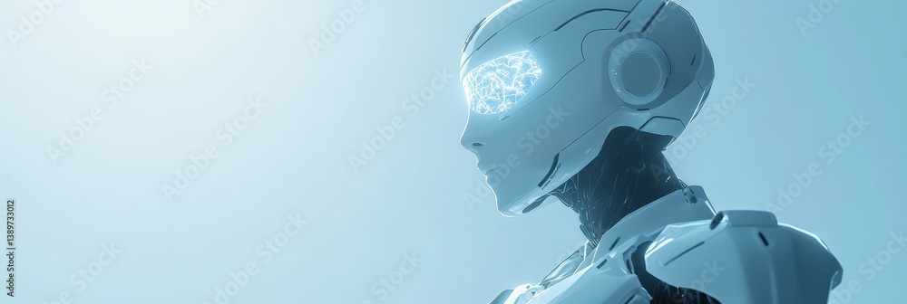 Poster Futuristic Robot Head with Glowing Eyes in Blue Toned Environment Artificial Intelligence Concept and Technology with Metallic Design and Innovation and Cybernetic Machine Rendered in 3D