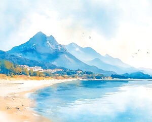 Naklejka premium A scenic watercolor painting depicting mountains and a tranquil lake