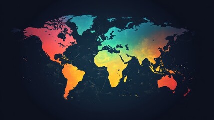 Fototapeta premium Vibrant chromatic world map featuring gradient effect continents on dark backdrop