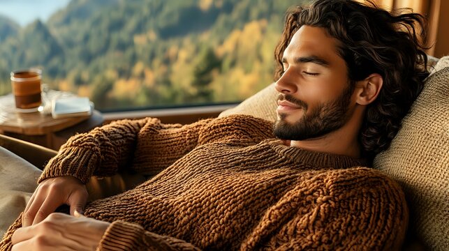 Young Hispanic man sleeping peacefully on couch wearing brown knit sweater near mountain view window, morning sunlight creating warm, cozy autumn atmosphere.