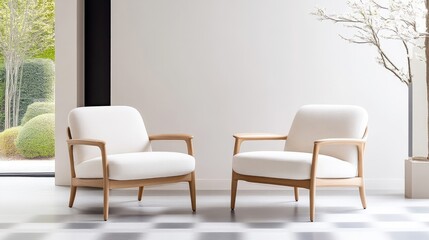 Modern, light-oak armchairs.  Cream-colored upholstery.  Elegant, timeless design.  Indoor setting