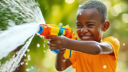 Happy traveler African boy wearing summer shirt holding colourful squirt water gun over blur tree, Water festival holiday concept