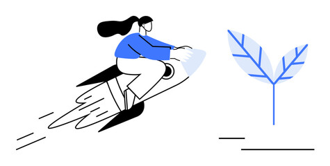 Woman flying on a rocket, embodying ambition and progress. A growing leaf suggests sustainability and innovation. Ideal for growth, success, creativity, ambition, innovation, sustainability startup