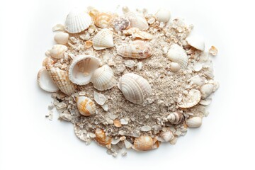 Seashells and sand pile summer beach memories ocean treasures coastal vibes light beige tones