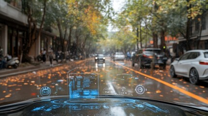 Autonomous vehicle windscreen display in urban setting.  A futuristic, transparent dashboard shows navigation and information on a rainy street
