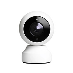 A modern security camera with a circular design featuring a prominent lens and a white base, suitable for home or office surveillance.