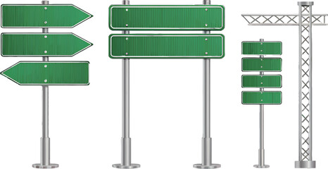 Various green road signs on metallic posts, indicating directions and locations.