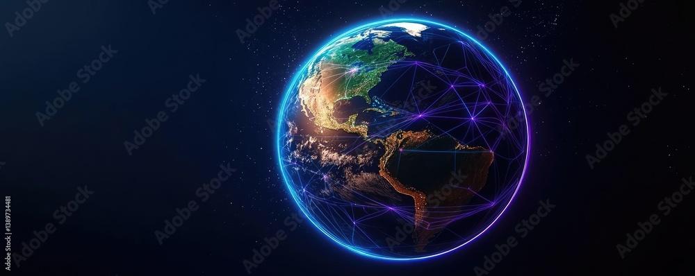 Poster earth with glowing network illustrating internet grid technology concept. futuristic view of a digit