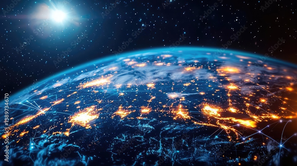 Aufkleber earth with glowing network integrating wireless data grid concept. a stunning view of earth from spa