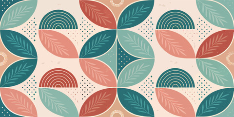 Fototapeta premium Colorful leaf and rainbow pattern in shades of teal, coral, and cream.