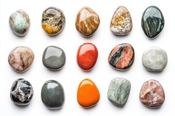Polished gemstone collection diverse colors textures arranged neatly on white background