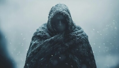 Mysterious figure cloaked in fur standing amid snowfall creates an air of foreboding