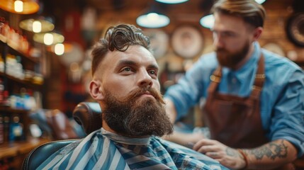 Man receiving a beard grooming session at a barbershop with a skilled barber using a trimmer