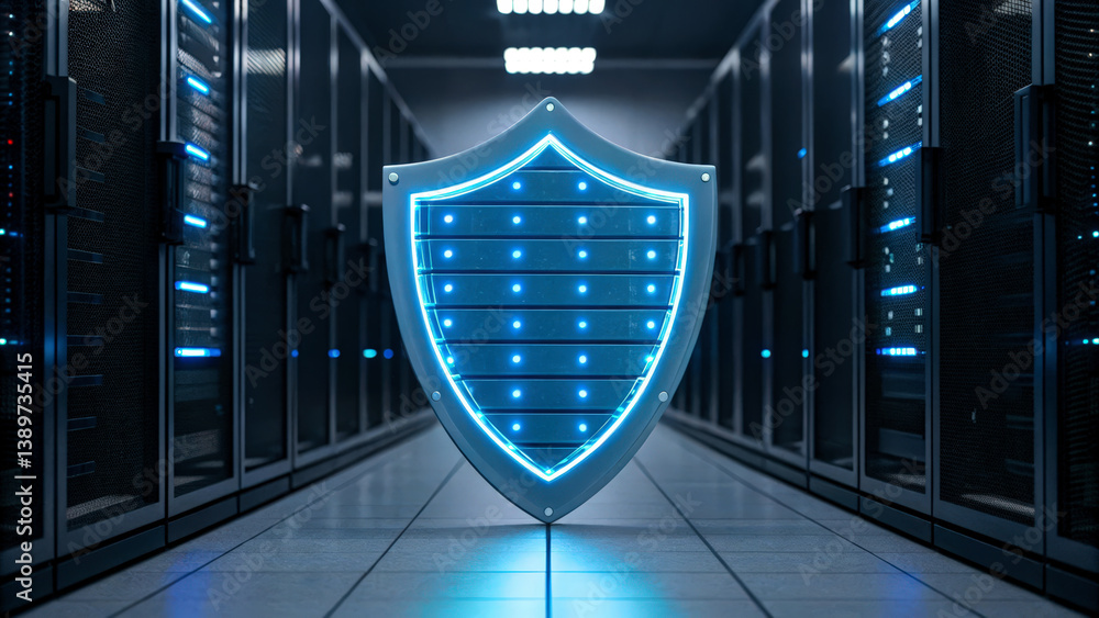 Poster a glowing shield symbolizing cybersecurity stands amidst server racks in a modern data center, highl