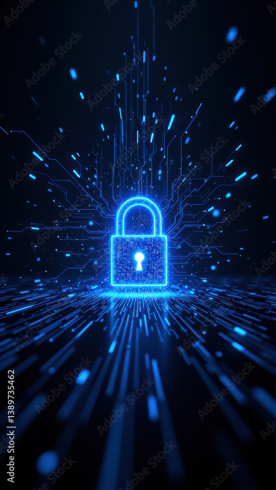 Poster cybersecurity and internet security symbol represented by a lock with digital light effects.