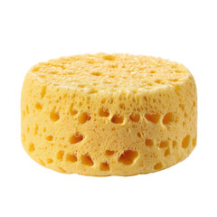 A vibrant yellow sponge characterized by its porous texture and circular shape, commonly used for cleaning and bathing.