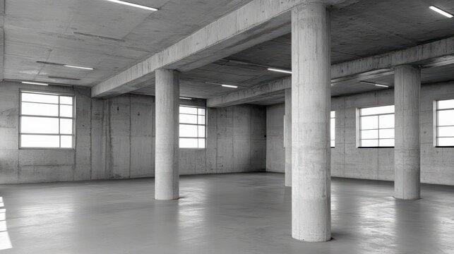 An empty industrial space features bare concrete floors, large windows, and sturdy pillars, exuding an aura of potential and silence.