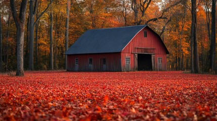 Autumnal red barn forest