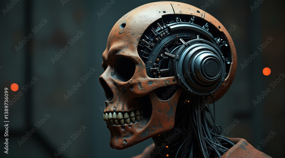 Poster a futuristic robotic skull with intricate mechanical details and headphones, blending technology and