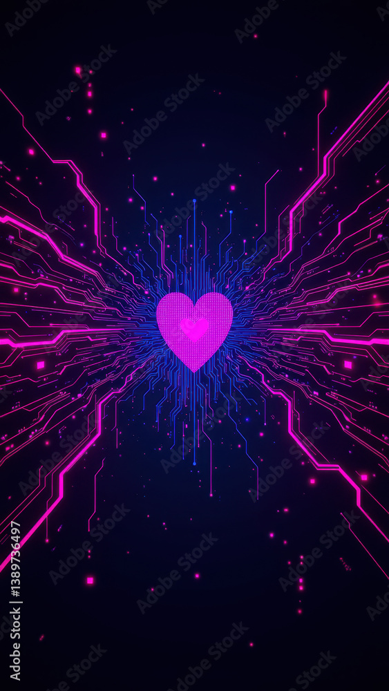 Poster cybersecurity digital heart with circuit-like design on dark background.