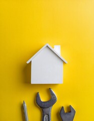 DIY Home Repair Tools with Mini House – Real Estate and Maintenance Concept