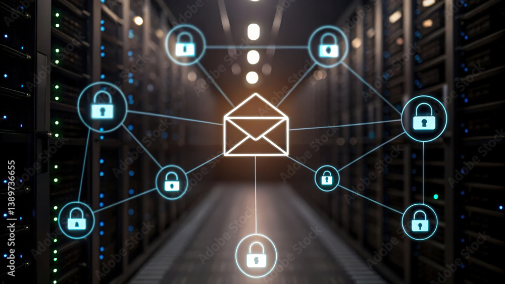 Poster a digital representation of secure email communication, showcasing interconnected servers and lock i