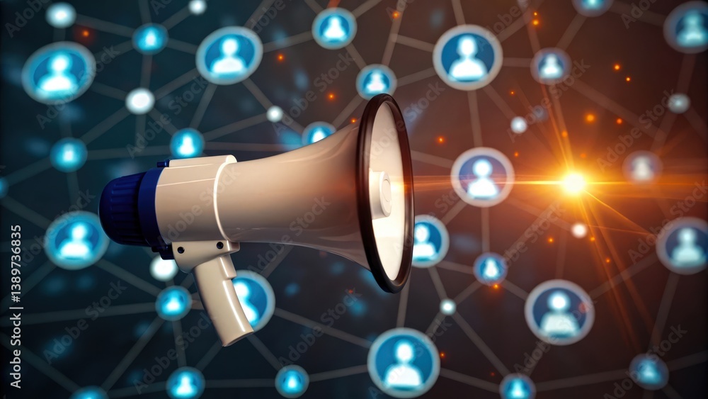 Poster a digital megaphone symbolizing communication within a network of connected profiles, highlighting t